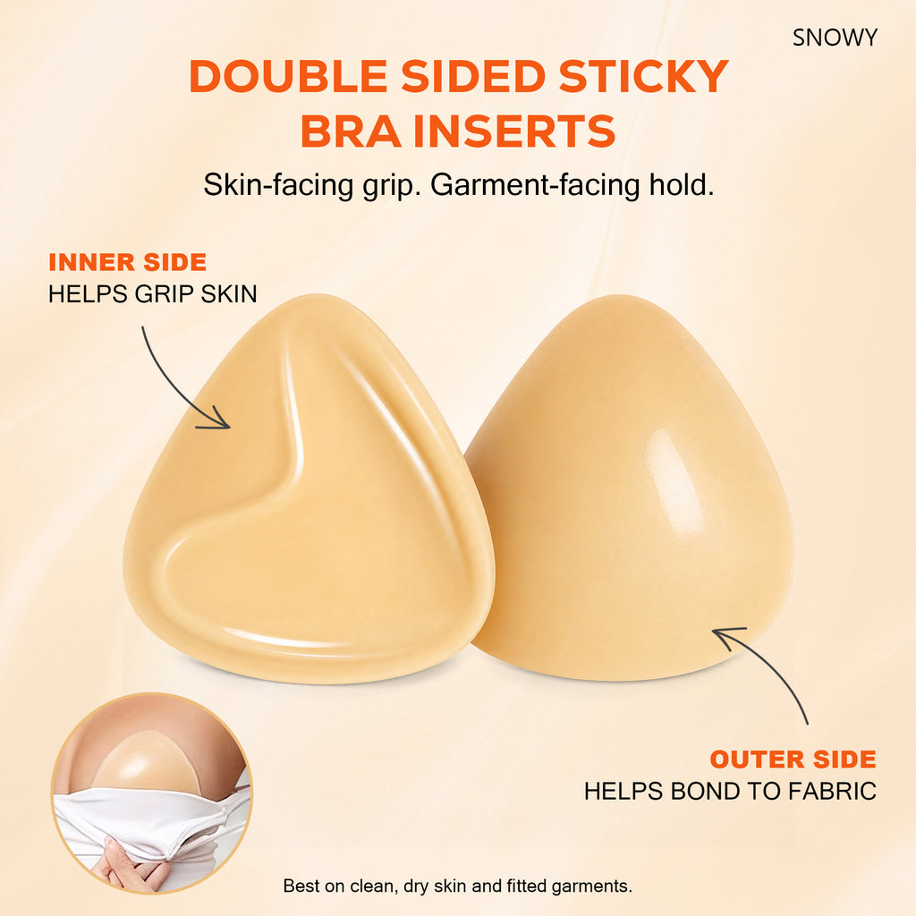 Snowy Double Sided Sticky Bra Inserts for Women, Beige Push Up Bra Pads with Natural Lift, Washable Reusable Adhesive Breast Inserts for Strapless, Backless,