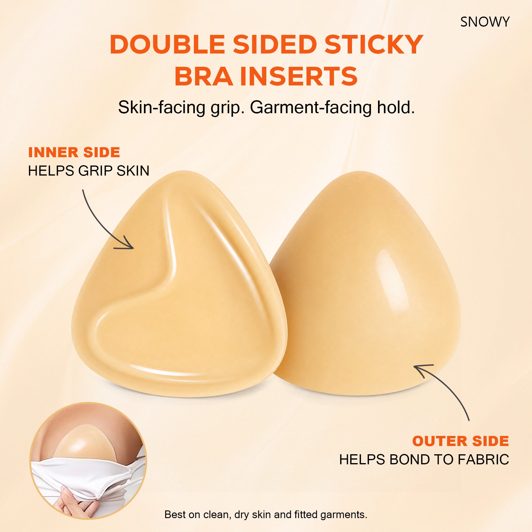 Snowy Double Sided Sticky Bra Inserts for Women, Beige Push Up Bra Pads with Natural Lift, Washable Reusable Adhesive Breast Inserts for Strapless, Backless,