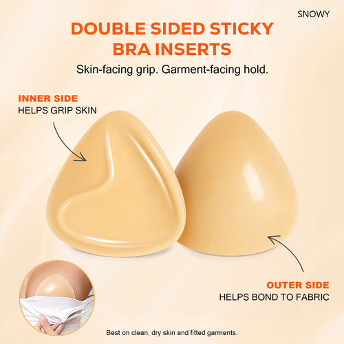 Snowy Double Sided Sticky Bra Inserts for Women, Beige Push Up Bra Pads with Natural Lift, Washable Reusable Adhesive Breast Inserts for Strapless, Backless,