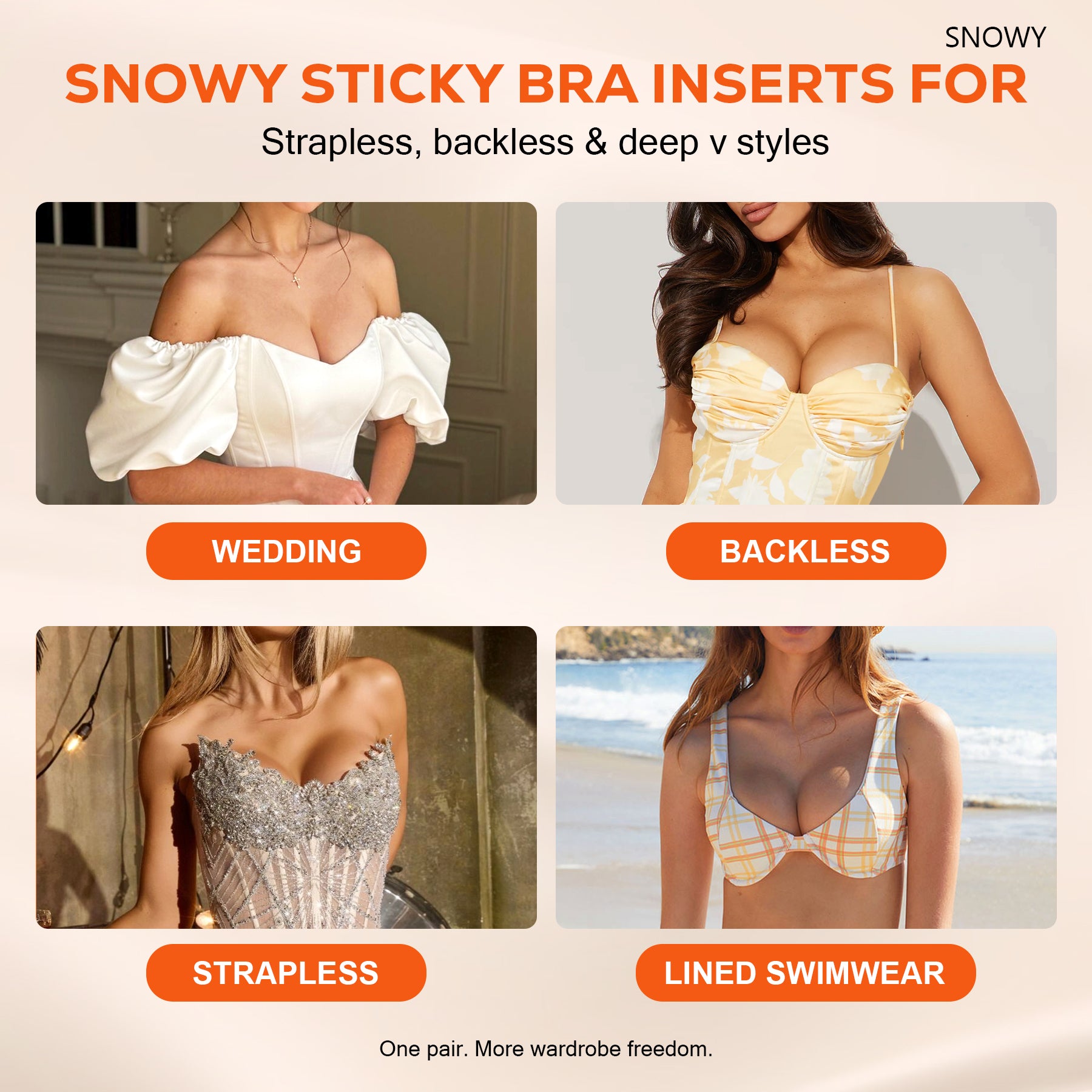 Snowy Double Sided Sticky Bra Inserts for Women, Beige Push Up Bra Pads with Natural Lift, Washable Reusable Adhesive Breast Inserts for Strapless, Backless,