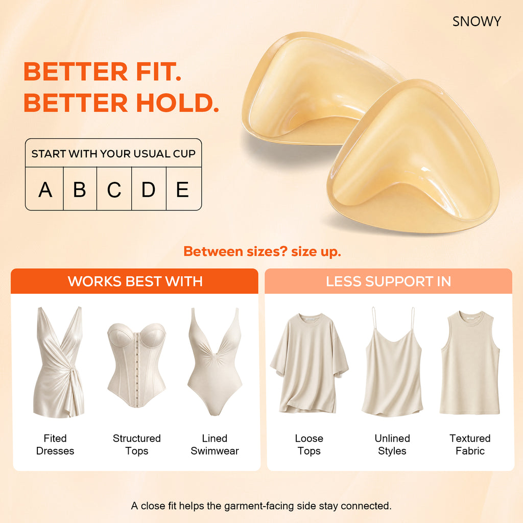 Snowy Double Sided Sticky Bra Inserts for Women, Beige Push Up Bra Pads with Natural Lift, Washable Reusable Adhesive Breast Inserts for Strapless, Backless,