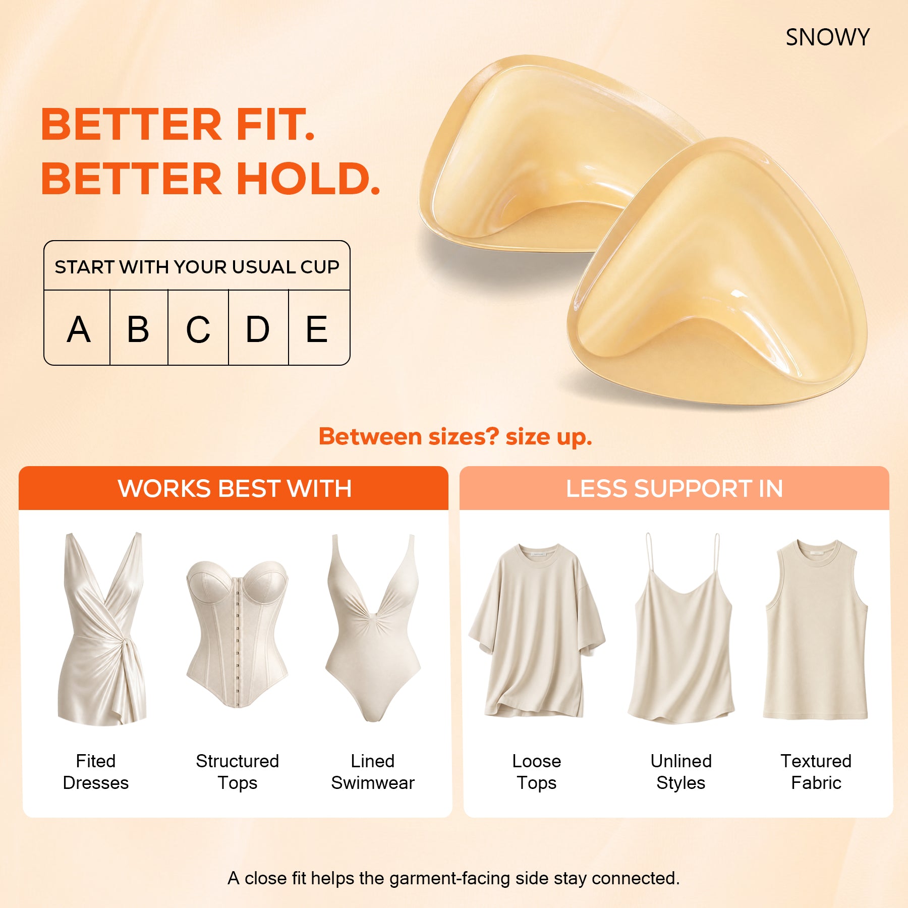 Snowy Double Sided Sticky Bra Inserts for Women, Beige Push Up Bra Pads with Natural Lift, Washable Reusable Adhesive Breast Inserts for Strapless, Backless,